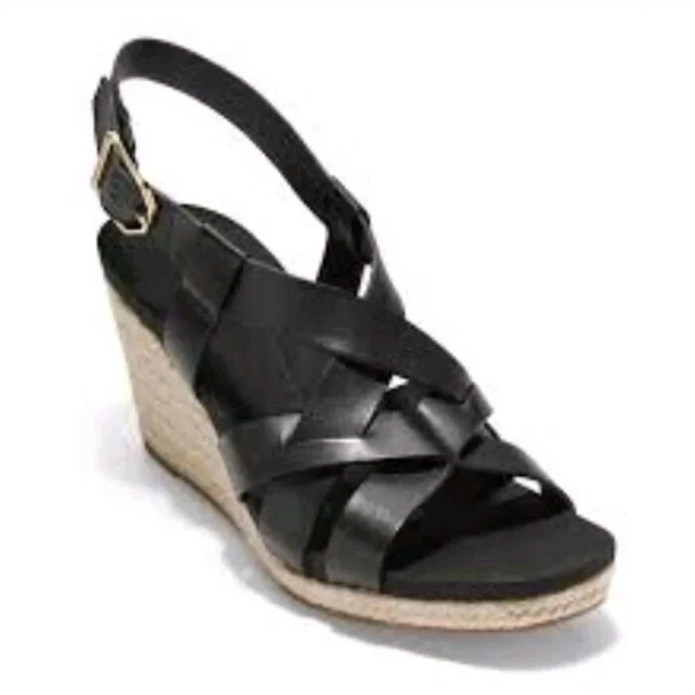Cole Haan Black Leather Woven Espadrille Wedge Sandals - Picture 2 of 6